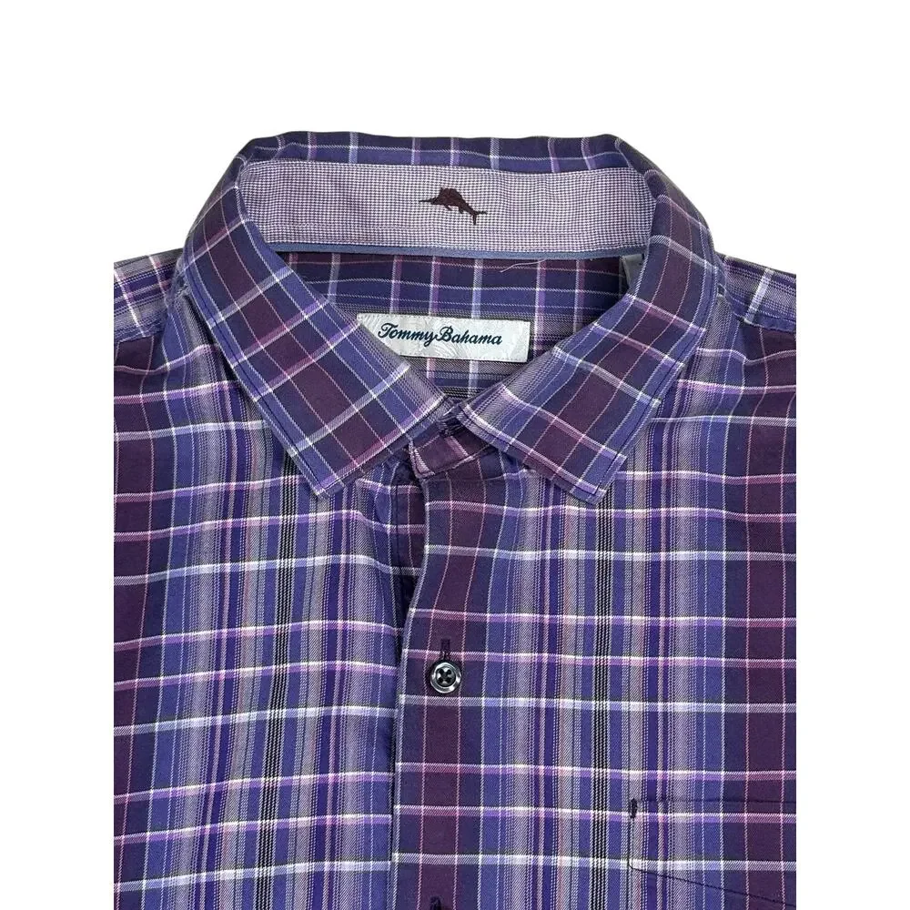 Tommy Bahama Lazlo Plaid Long Sleeve Button Shirt Men's Large Purple Cotton Silk